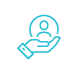 A blue icon of a hand cradling a circle with a person's silhouette.