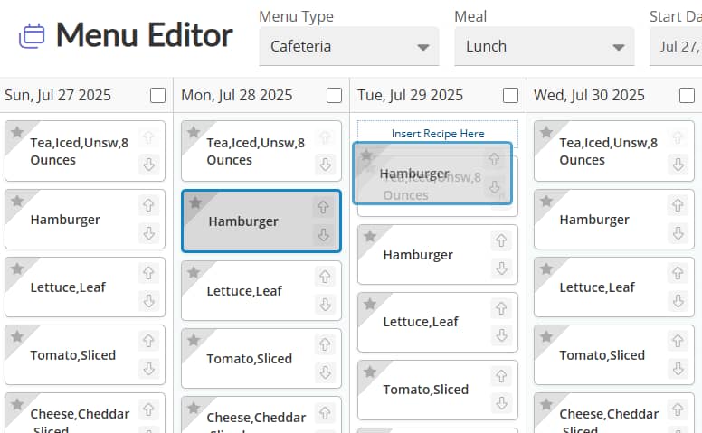 A screenshot of HS HealthCORE's Menu Editor showing the Hamburger recipe being dragged from the column for Monday, July 28, 2025 to the next column to the right for Tuesday, July 29, 2025.