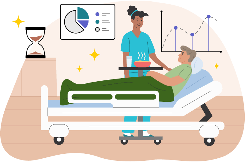 A nurse delivers a patient's meal to their bedside and comforts them. There are graphs and an hourglass in the background.