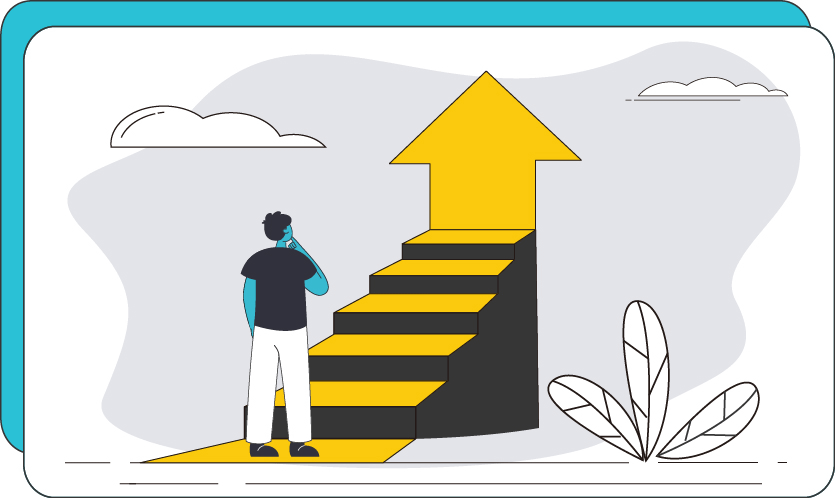 A person looks at a staircase that ends with an arrow pointing upward.
