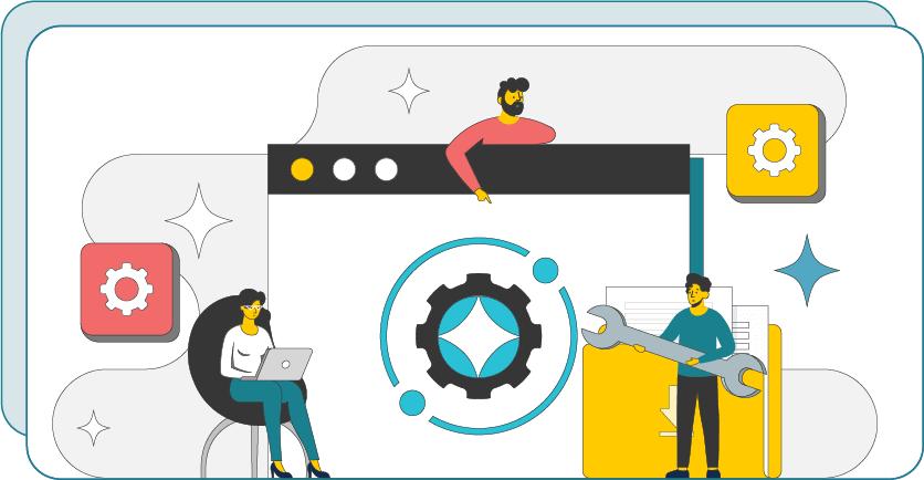 Person sitting with a laptop at the left of a monitor screen, one person at the top of the screen and one standing to the right with a wrench in his hand The monitor has a gear in the middle of the screen.
