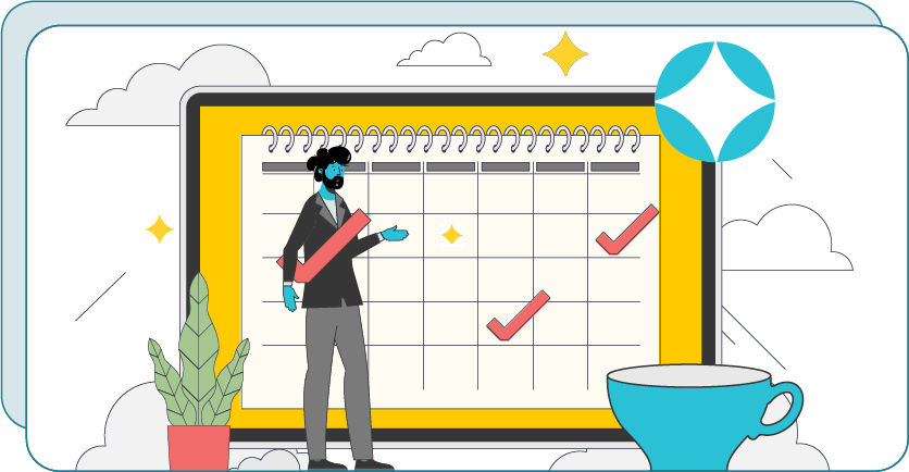 Person standing with a check mark under arm in front of a large calendar with check marks on a couple of the days