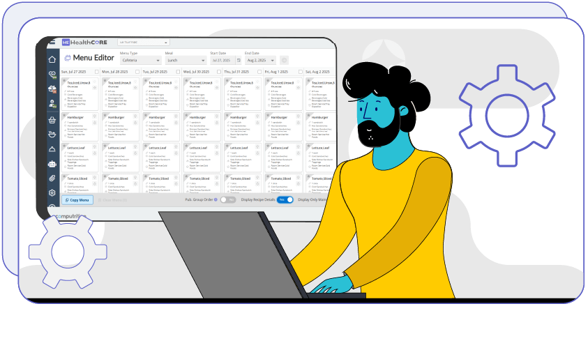 A person uses a laptop with a screen of HS HealthCORE's Menu Editor behind them, showing a view of recipes with expanded details.