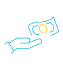 A blue and yellow icon of a hand receiving a banknote.