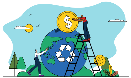 One person holds Earth, which has a recycling symbol. Another person on a ladder drops a coin into a slot at the top.