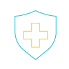 A blue and yellow icon of a shield emblazoned with a health cross.