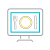 A multicolored icon of a computer screen showing a fork, plate, and knife.