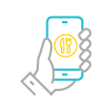 An icon of a hand holding a mobile phone. There is an encircled fork and knife on the screen.