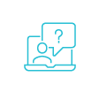 A blue icon of a laptop with a person on the screen. A speech bubble with a question mark is extending off the screen.