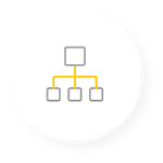 A gray and yellow icon of a square with lines extending to smaller squares beneath.