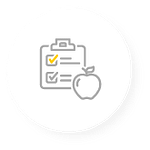 A gray and yellow icon of an apple in front of a clipboard checklist.