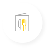 A gray and yellow icon of a menu with a knife and fork on the cover.