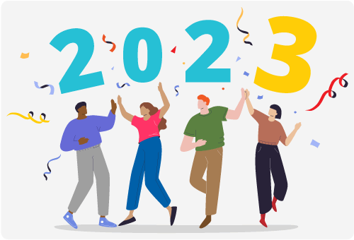 Vector graphic of a diverse group celebrating 2023