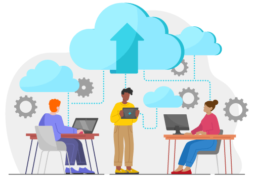 Vector graphic of people working with cloud-hosted solutions