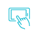 A blue icon of a finger tapping a sideways tablet.