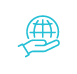A blue icon of a hand cradling a globe.