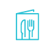 A blue icon of a menu with a fork and knife on the cover.
