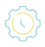 A blue and yellow icon of a gear with a clock face.