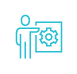 A blue icon of a person pointing at a presentation with a gear.