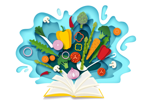 A colorful vector graphic of a recipe book depicting hospital recipe management