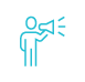 A blue icon of a person using a megaphone with lines indicating sound.