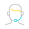 A multicolored icon of a call center representative wearing a headset.