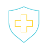 A blue and yellow icon of a shield emblazoned with a health cross.