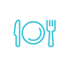 A blue icon of a knife, plate, and fork.