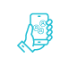 A blue icon of a hand holding a mobile phone with small silhouette icons on the screen.