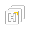 A gray and yellow icon of a hospital "H" within a rounded square. Two other squares are stacked behind it.