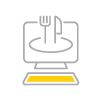 A gray and yellow icon of a computer monitor with a fork, knife, and plate.