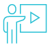 A blue icon of a person pointing at a presentation with a play button.