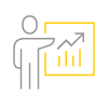 A gray and yellow icon of a person pointing at a bar chart with a rising arrow.