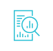 A blue icon of a long spreadsheet with a magnifying glass hovering over a bar chart.