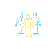 A blue and yellow icon of three standing people.