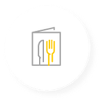A gray and yellow icon of a menu with a knife and fork on the cover.