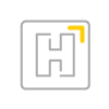 A gray and yellow icon of a hospital "H."