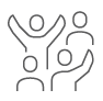A gray icon showing four people; two are raising their hands.