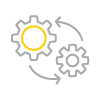 A gray and yellow icon of two gears with arrows indicating circular movement.