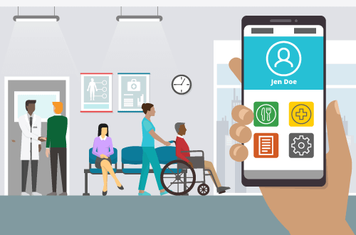 Graphic of a mobile app improving the patient experience within a hospital setting