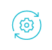 A blue icon of a gear surrounded by two arrows turning in a circular motion.