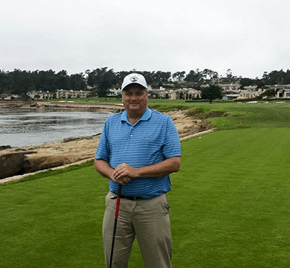 One of Steve's favorite pastimes is playing golf. Here he is front of the 18th hole at Pebble Beach.