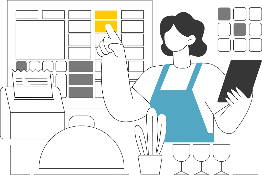 A retail employee points to an item on a menu while holding a tablet. A register printer is next to them.
