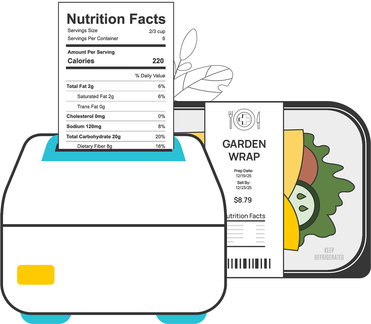 A printer printing nutrition facts in front of a prepackaged garden wrap.