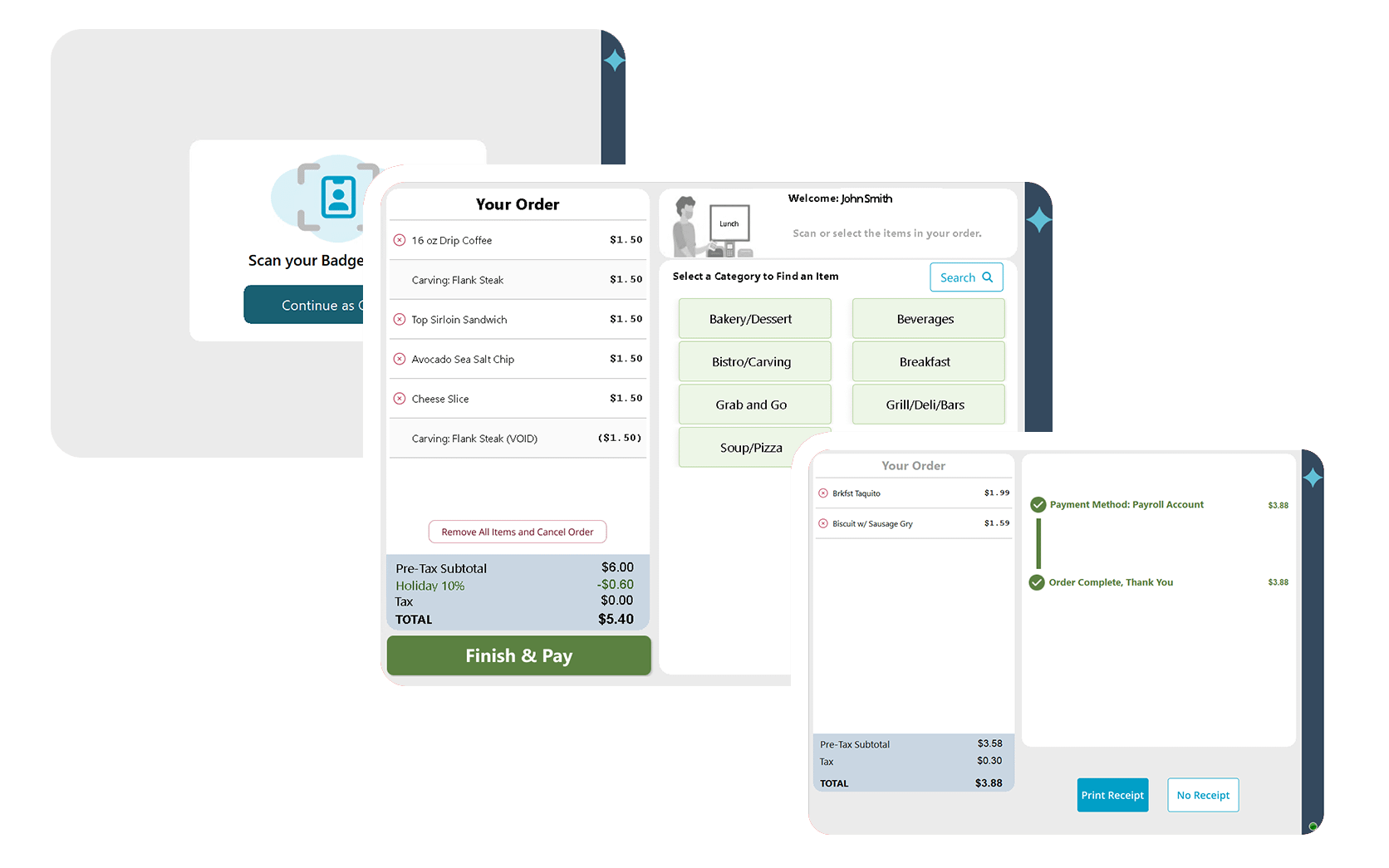 Multiple screenshots of SuitePoint! Express. The first screen prompts users to scan their badge or continue as a guest. The second screen displays a user’s order with several food items, category buttons for browsing, and a green 'Finish & Pay' button. The final screen confirms order completion with payment by payroll account and shows options to print or skip the receipt.