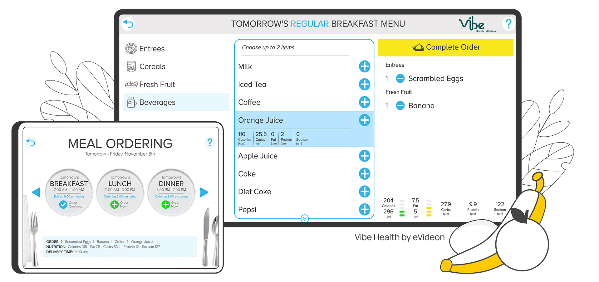 Examples of TouchPoint Dining menus from Vibe Health by eVideon.