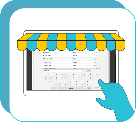 The search screen for SuitePoint! Express framed by an illustration of a storefront awning.