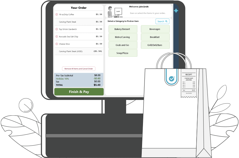Screenshot of SuitePoint! Express on a register behind a sealed takeout bag with a receipt.