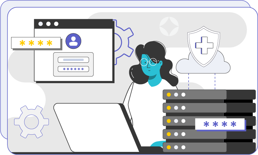 A person using a login screen surrounded by icons of gears, servers, and a healthcare cross shield emerging from a cloud.
