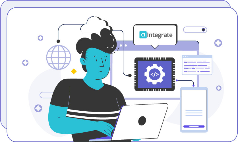 Illustration of a person on a laptop with connected data elements behind them with the logo for CI Integrate.